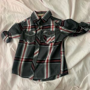 grey and red plaid shirt